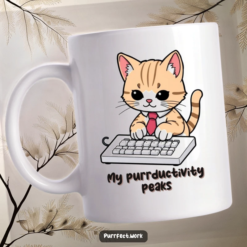 Funny coffee mug with a determined cat in a tie typing rapidly on a keyboard, representing office hustle and humor.