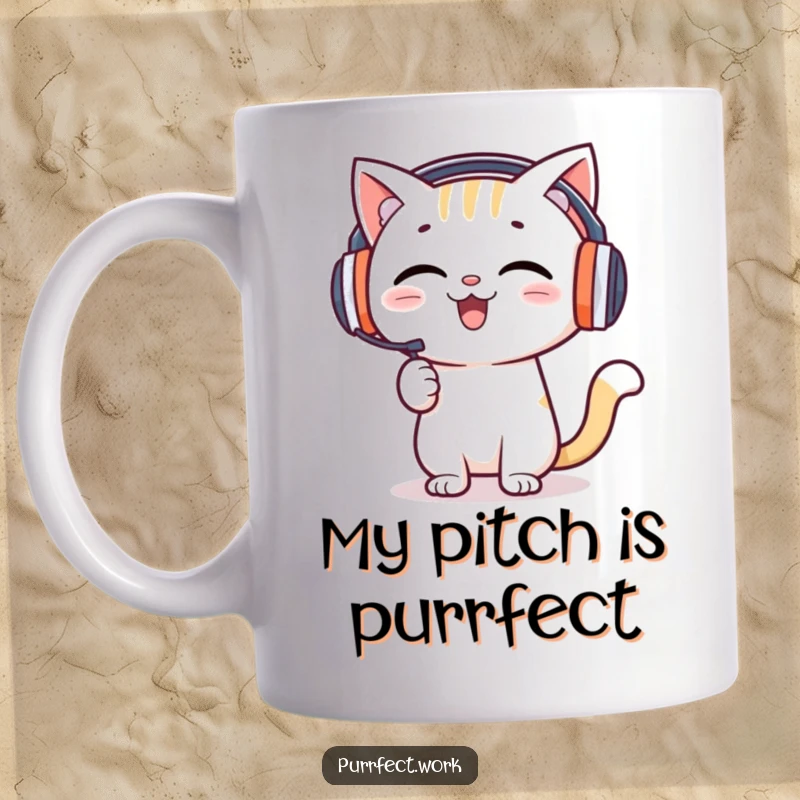 Funny mug featuring a happy cat wearing headphones, enthusiastically giving a presentation, perfect for inspirational humor.