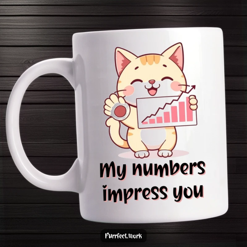 Funny happy cat presenting a graph with a paw, looking proud, a humorous mug for celebrating wins and a funny gift.