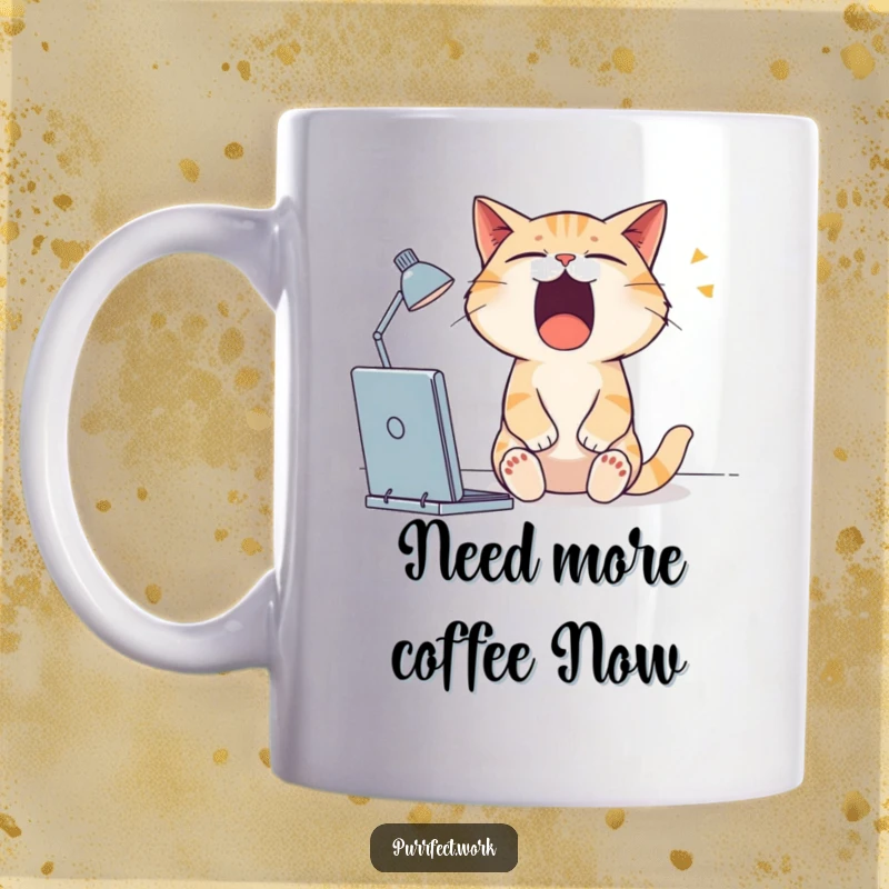 Funny cat mug showing a very sleepy cat yawning widely while sitting at a desk, dreaming of sleep.