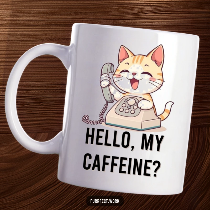 Funny coffee mug showing an excited cat enthusiastically answering a ringing phone, symbolizing eagerness and communication.