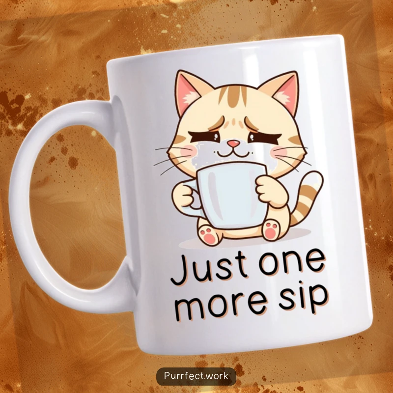 Funny smiling cat holding a coffee mug, looking slightly stressed, a humorous mug for coffee lovers and a funny gift.