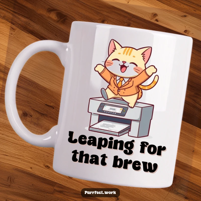 Funny cat mug, a dapper cat in a suit joyfully leaping over a printer, symbolizing office success.