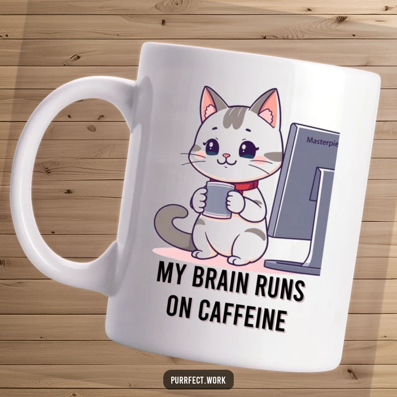 Funny coffee mug featuring a cheerful office cat with a coffee cup, intently watching a computer monitor, perfect for work humor.