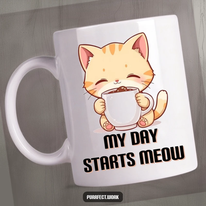 Funny cat mug featuring a cute, happy cat character joyfully sipping from a tiny, steaming coffee mug, perfect for caffeine lovers.