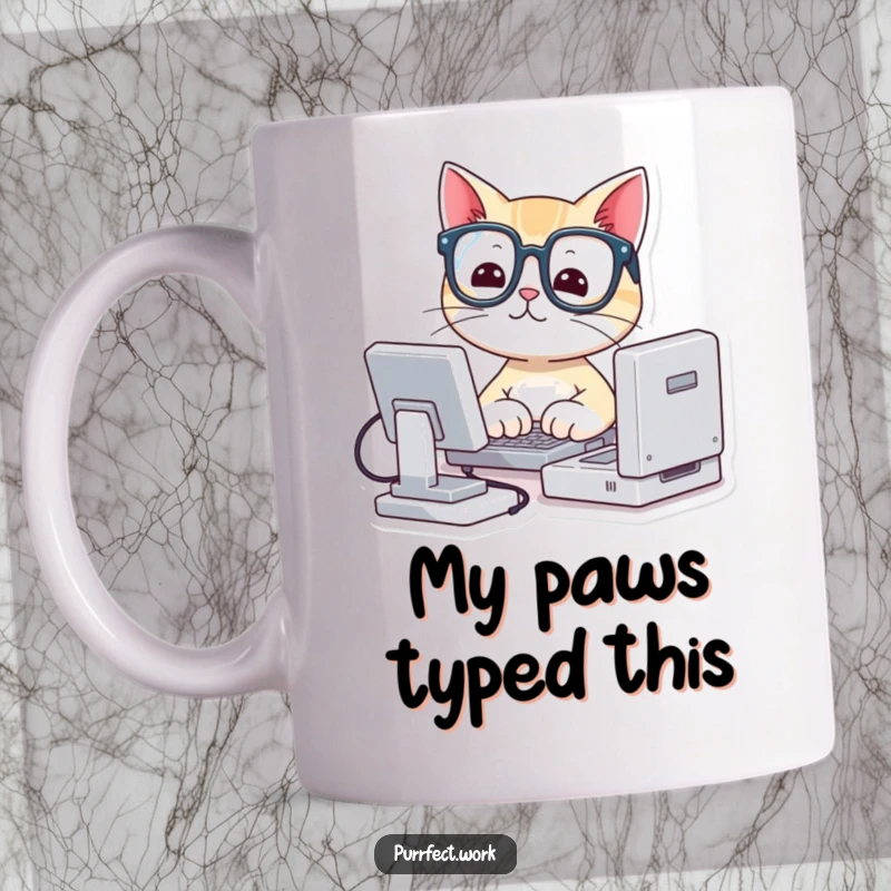 Funny mug featuring a cute cat wearing small glasses, intently typing on a tiny computer, looking studious and focused.