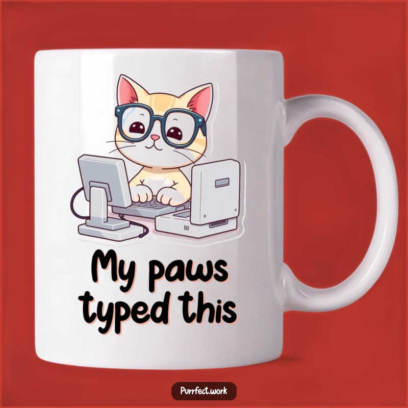 Funny Cat Typing Gift Mug: Cute Nerd Cat with Glasses on Computer
