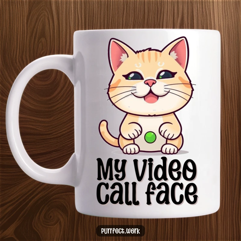 Funny mug featuring a cat pulling a ridiculous face during a video call, adding humor to remote work.