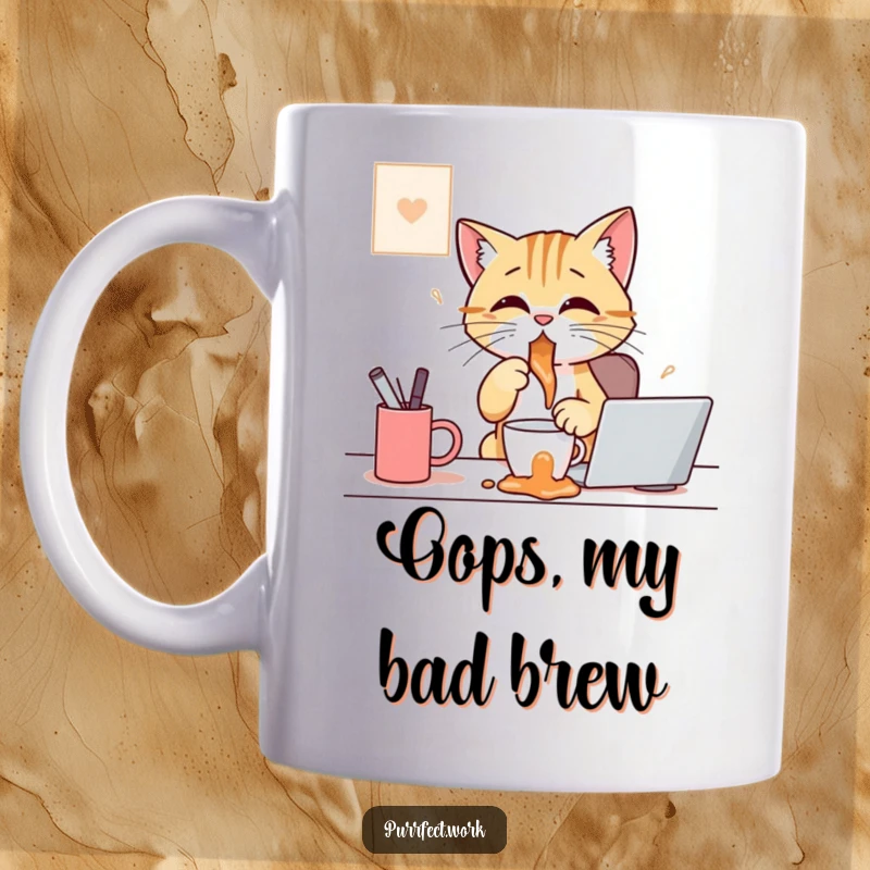 Funny coffee mug showing a cat sitting at a desk, comically spilling a cup of coffee, relatable kitchen humor.