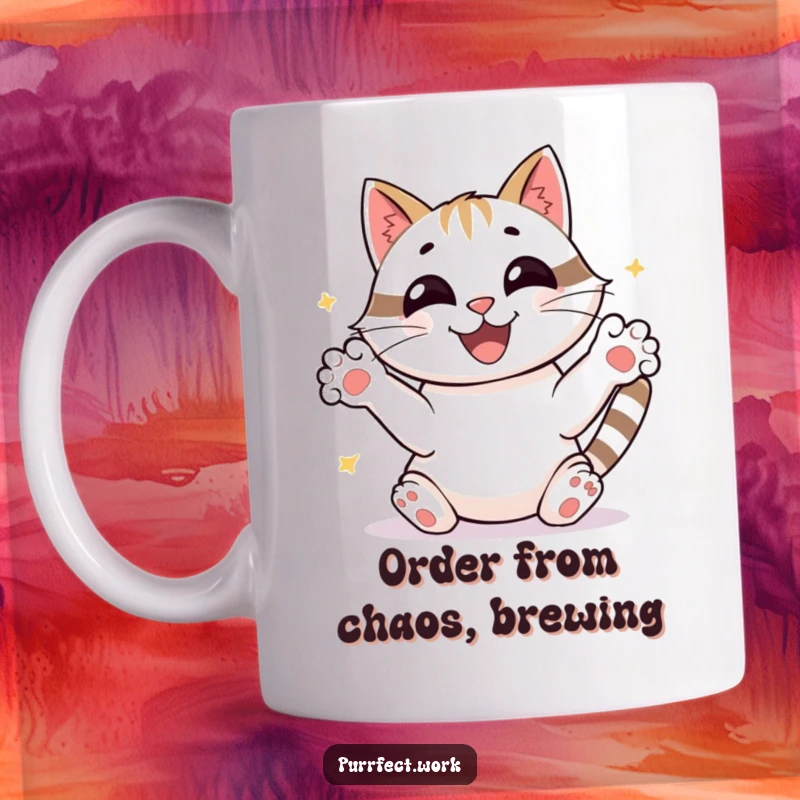 Funny joyful cat sorting papers with frantic paws, beaming, a humorous mug for busy people and a funny gift.