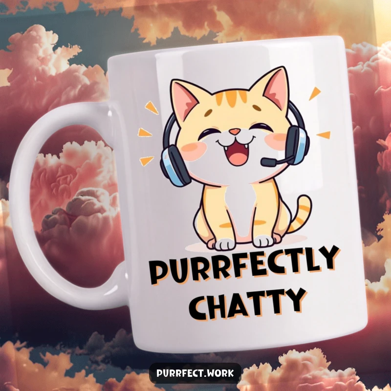 Funny cat mug featuring a cheerful cat wearing a headset, talking enthusiastically with wide eyes and an open mouth, ready to converse.