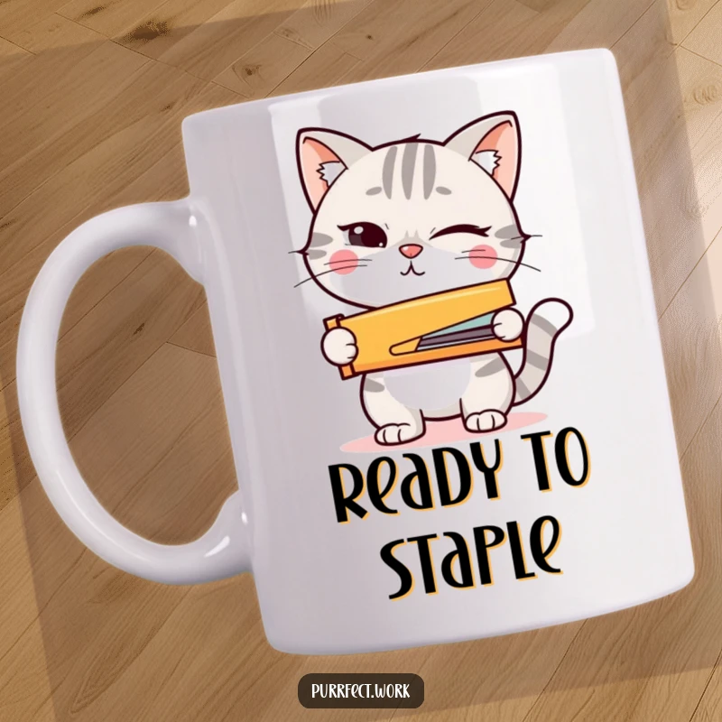Funny mug featuring a winking cat holding a tiny stapler, symbolizing readiness and playful determination.