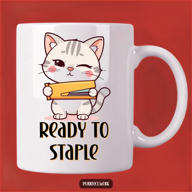 Funny Winking Cat Stapler Mug: Action-Ready Gift for Go-Getters