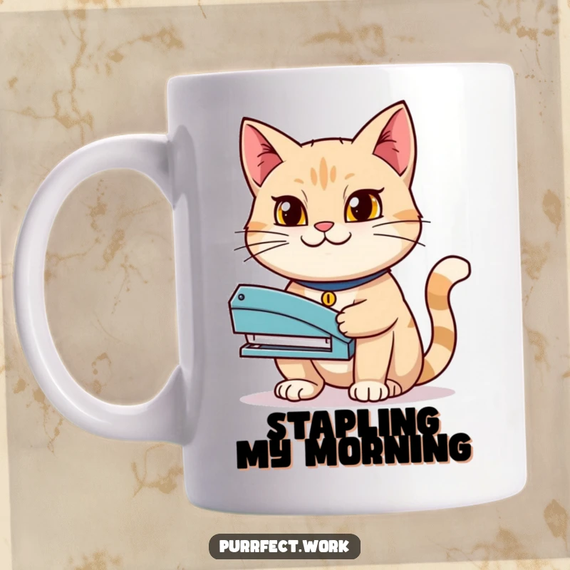 Funny mug featuring a determined cat proudly holding a stapler with a confident grin, symbolizing focus and accomplishment.