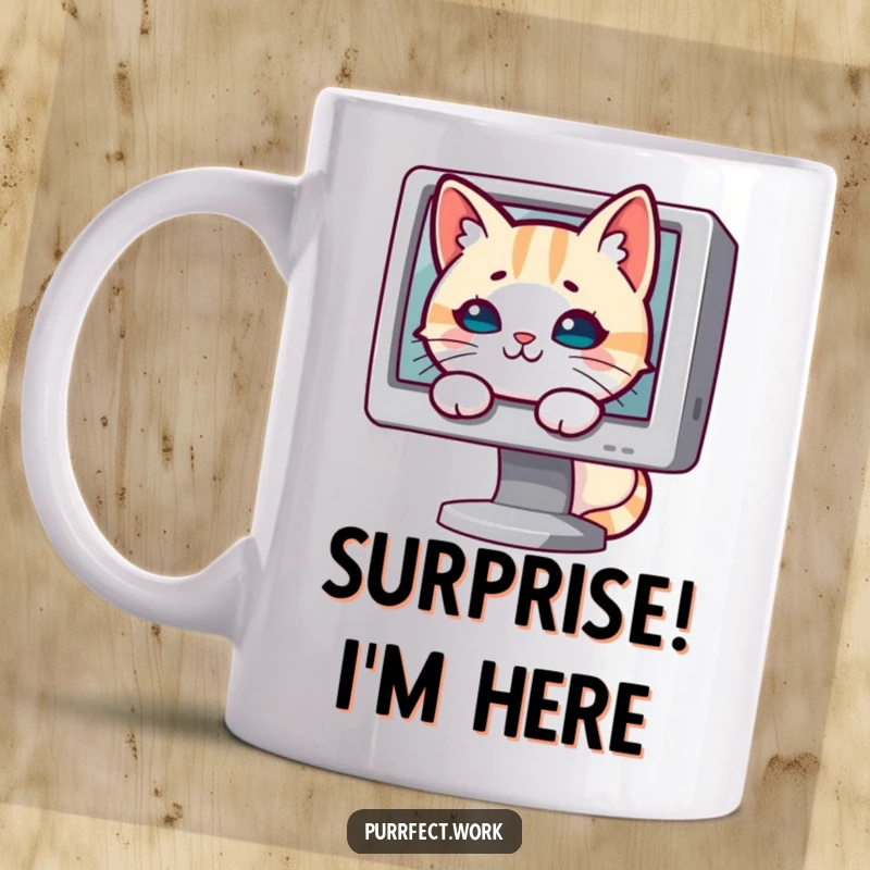 Funny cat mug with a mischievous cat peeking from behind a computer monitor, caught in the act of spying.