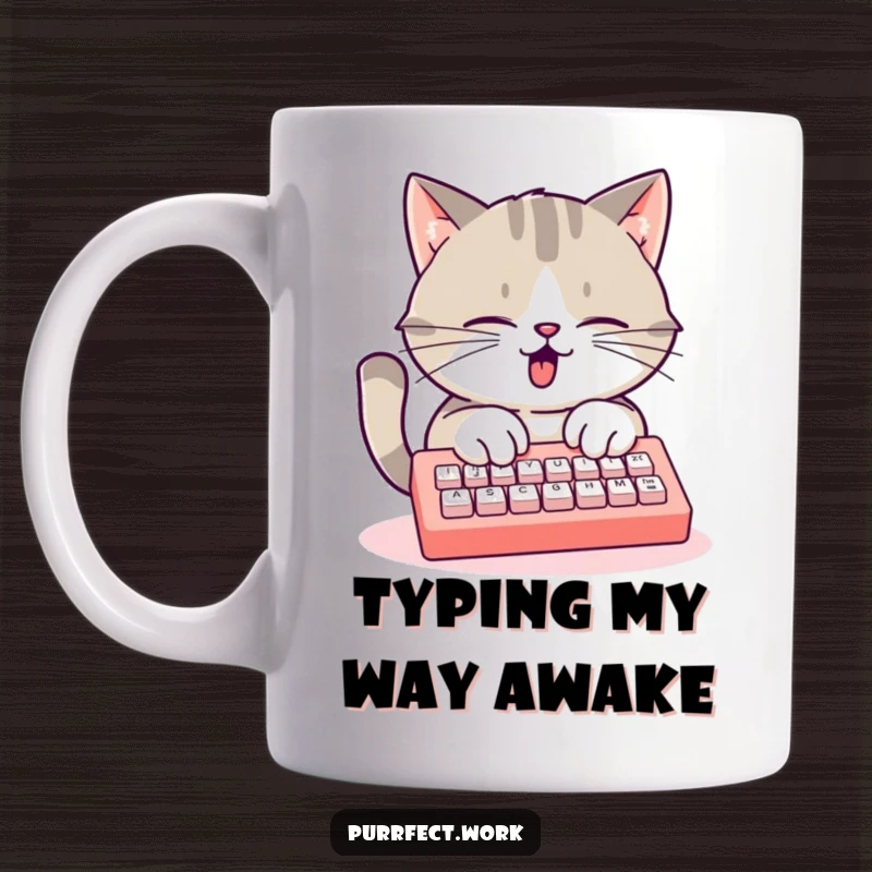 Funny busy cat mug, a feline typing furiously on a mini keyboard, symbolizing hard work and dedication.