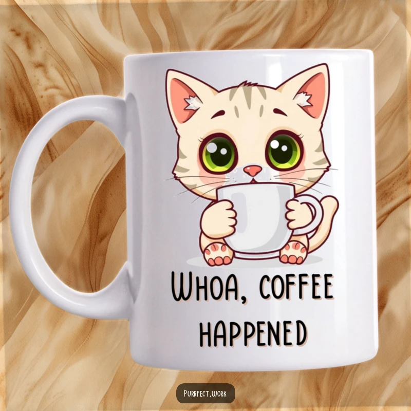 Funny surprised cat mug, a wide-eyed feline holding a coffee cup, expressing shock and caffeine need.
