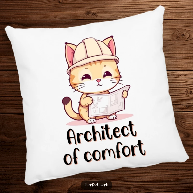 Funny decorative pillow with a playful cat in a tiny hard hat, looking at a blueprint, adding comfort and humor.