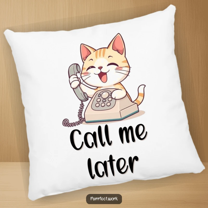 Funny pillow design of an excited cat answering a ringing telephone, adding cheerful and humorous decor to any room.