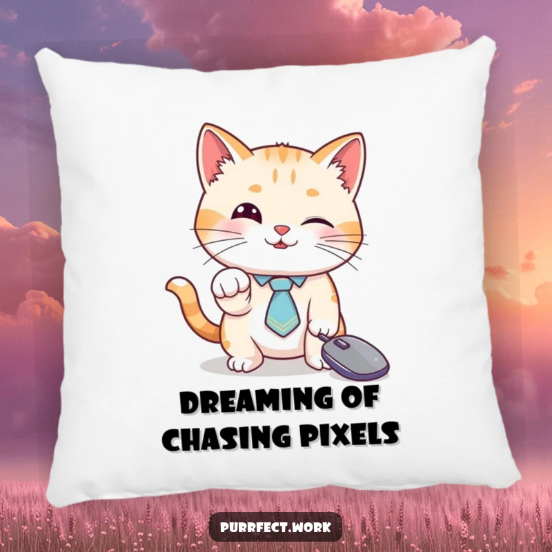 Funny cat pillow, a cute cat in a tie batting a mouse cursor, soft and decorative accent for sofas.