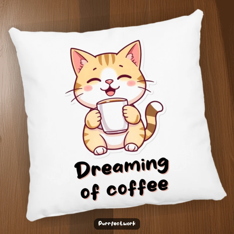Funny, cheerful cat character holding a small coffee mug on a plush pillow, adding a humorous and cozy element.