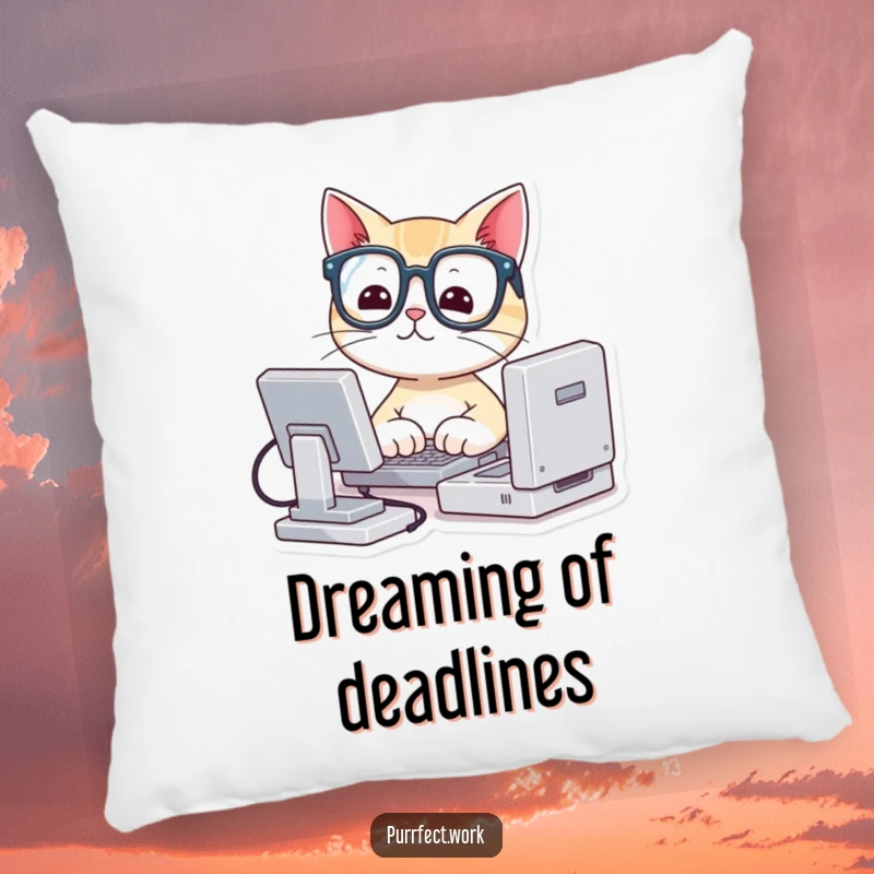 Funny decorative pillow with a cute cat in tiny glasses typing on a miniature computer, offering comfort and a humorous touch.