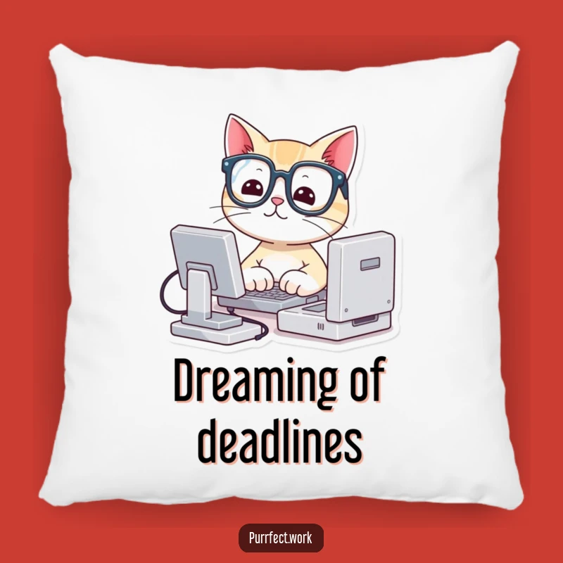 Funny Cat Pillow: Cute Nerd Cat with Glasses Typing on Mini Computer Decor