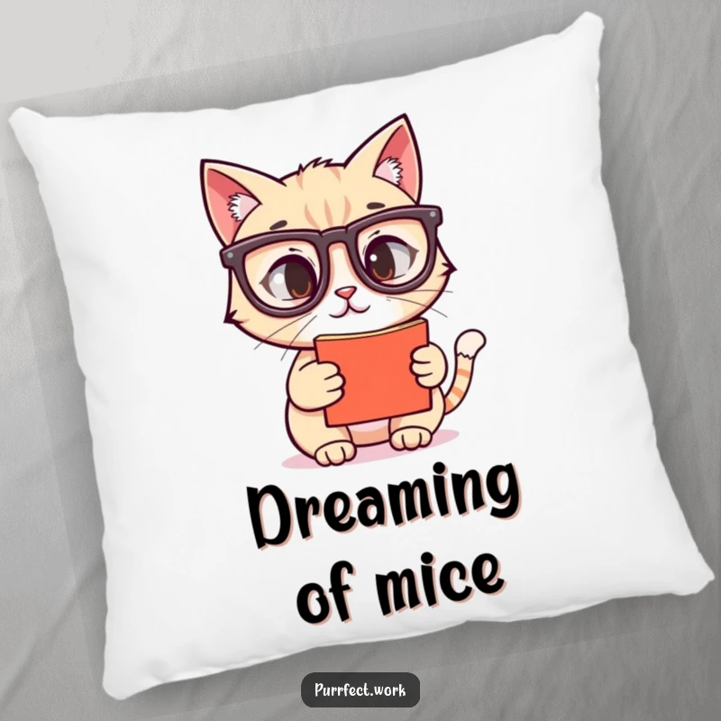 Funny pillow showcasing a cat with reading glasses engrossed in a computer screen, great funny gift for comfort lovers.