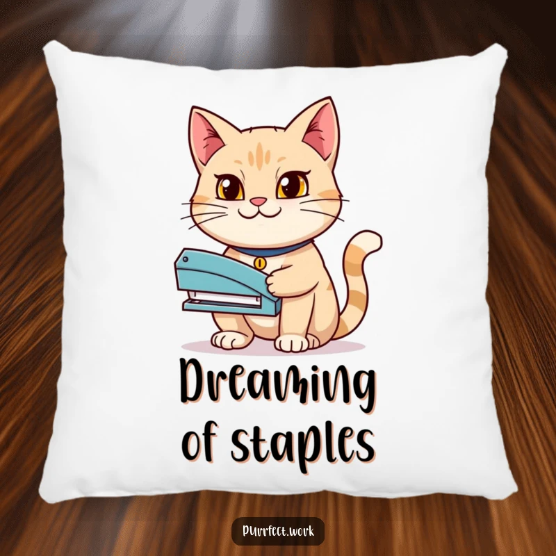 Funny pillow depicting a determined cat holding a stapler with a grin, adding a touch of ambitious humor to any room.