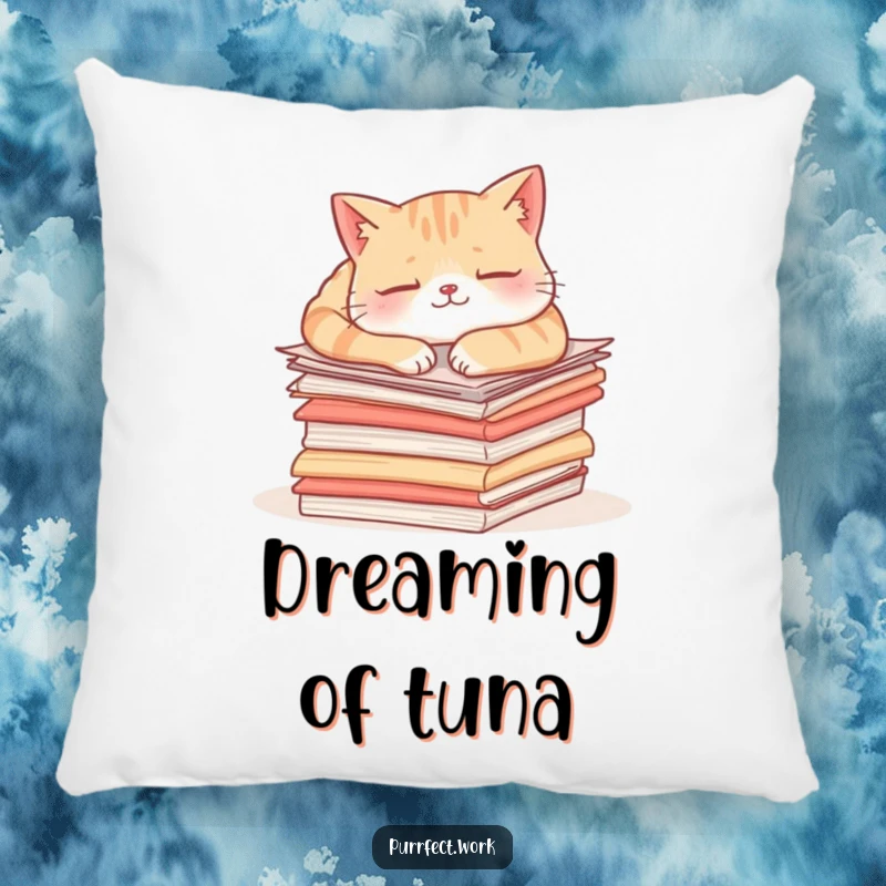 Funny content cat pillow with a charming illustration of a cat snoozing on a pile of papers, adding humor to relaxation.