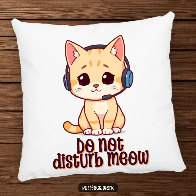 Funny decorative pillow with a busy cat wearing a headset, creating a humorous and relatable scene for living room or bedroom decor.