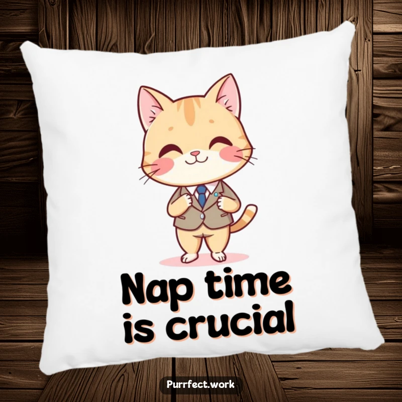 Funny pillow with a smiling cat in a suit, sitting at a desk and crossing legs, offering soft comfort and humor.