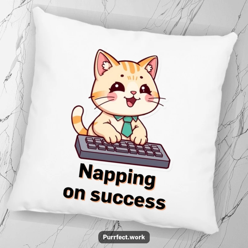 Funny pillow featuring a cat in a tie typing diligently on a keyboard, adding a touch of humor to your desk.