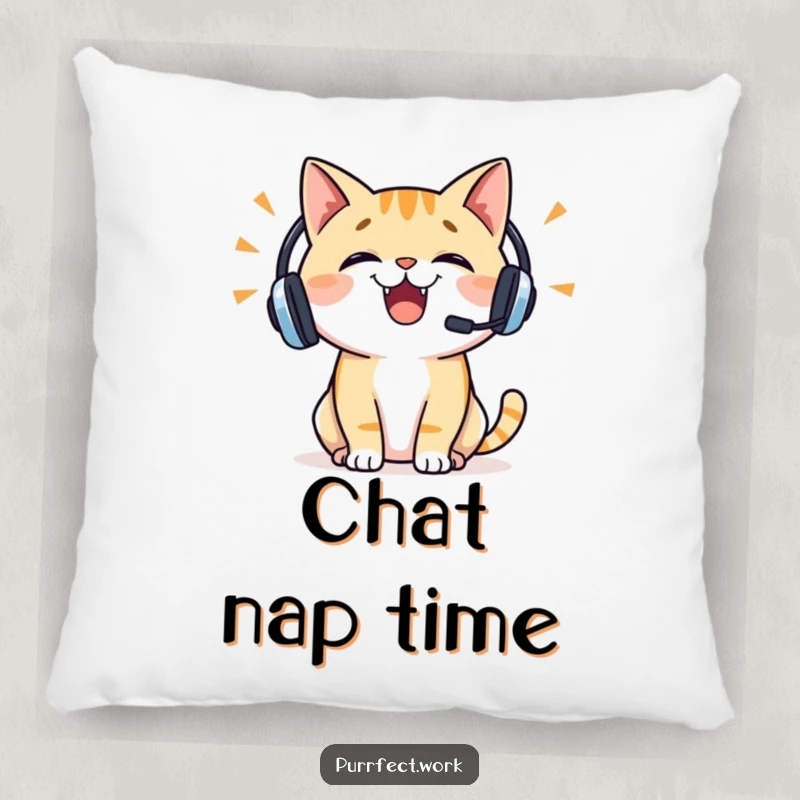 Funny cat pillow with a cheerful cat wearing a headset, talking enthusiastically, bringing comfort and humor to any room.