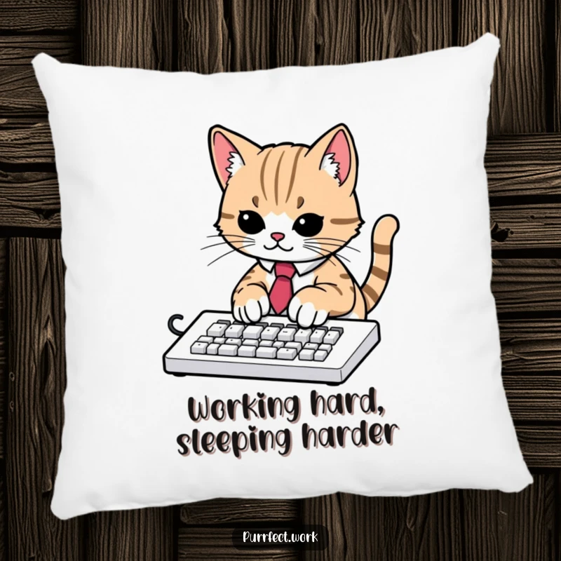Funny pillow featuring a cat wearing a tie, typing on a keyboard, adding a touch of humorous office life to any room.