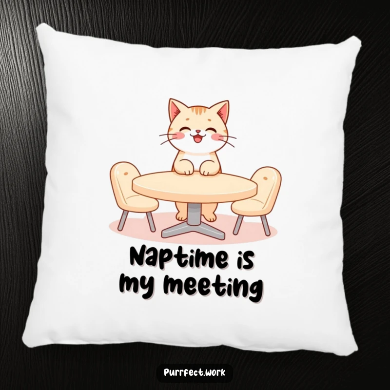Funny cat meeting pillow with a smiling cat character, looking professional while running a tiny, whimsical business meeting on a small table.
