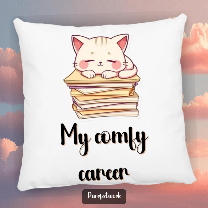 Funny Cat Pillow: A cute cat sleeps soundly on a stack of papers, bringing humorous comfort to any room.