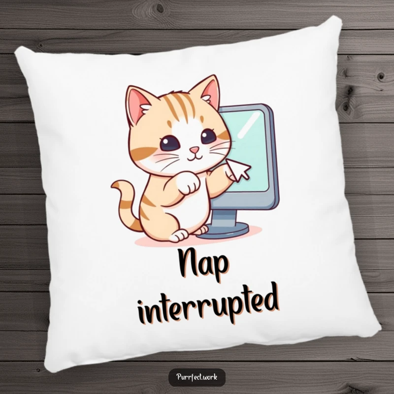 Funny decorative pillow showcasing a cat pawing at a computer mouse cursor on a screen, adding whimsical tech humor to any room.