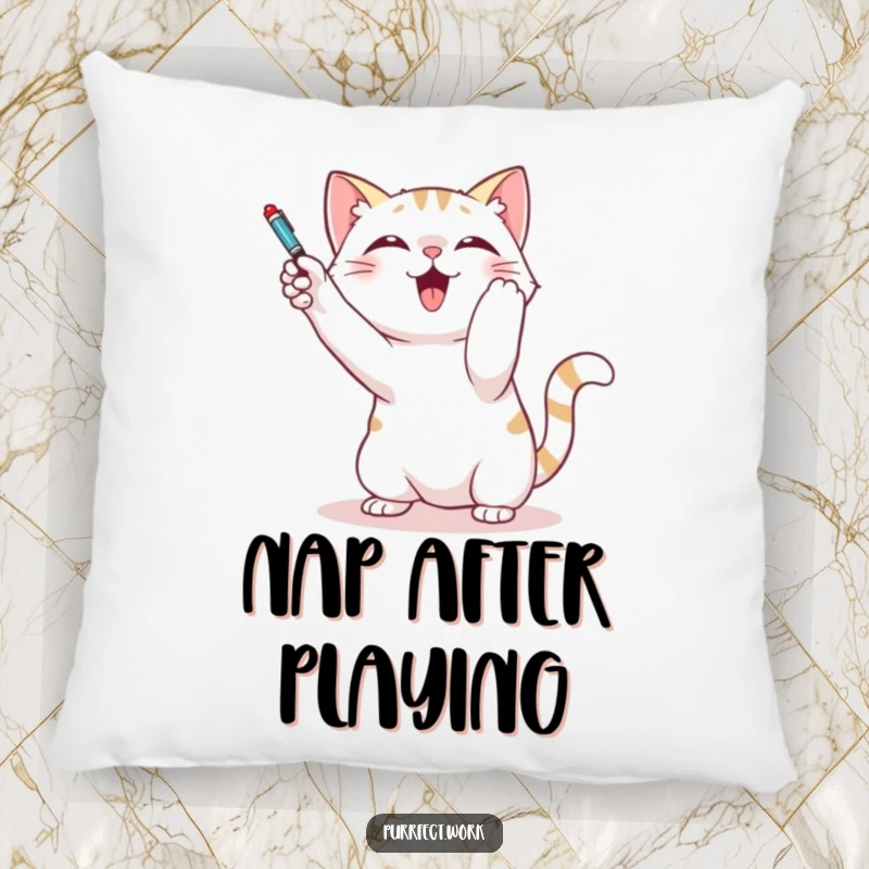 Funny pillow depicting a cat playfully batting at a dangling pen, adding a touch of energetic feline fun to any room.