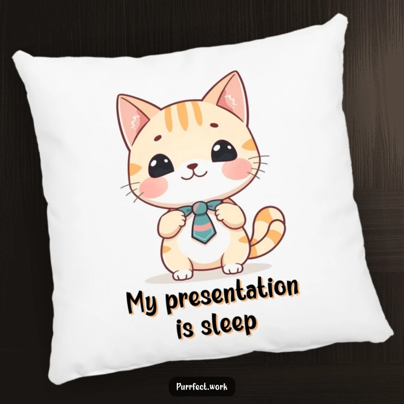Funny cat presentation pillow with a cheerful cat character wearing a tie, looking animated during an important business presentation.