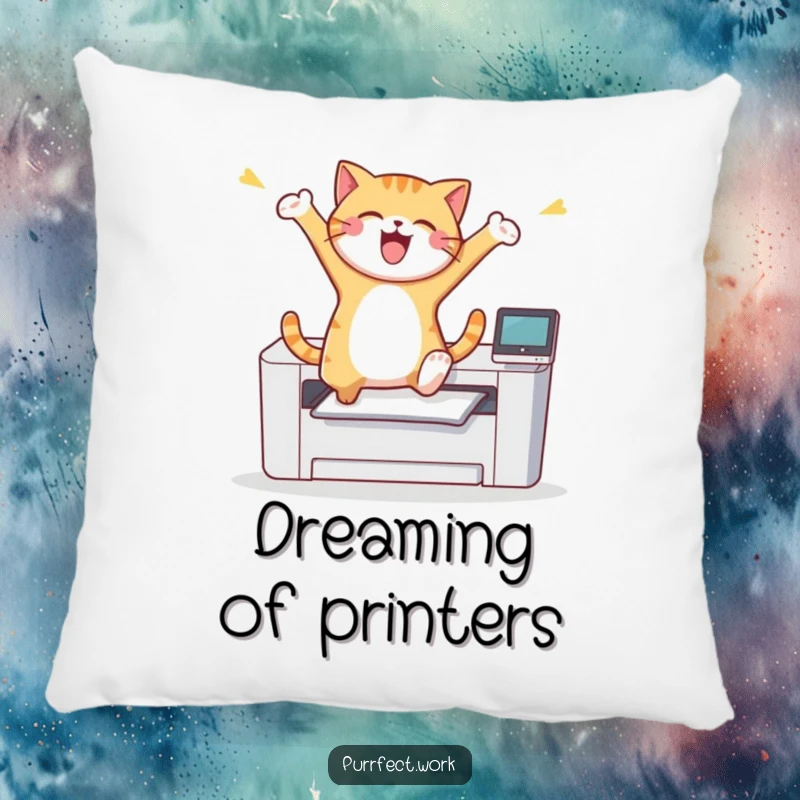 A joyful and funny cat in mid-air, leaping over a printer, depicted on a soft, comfortable throw pillow.