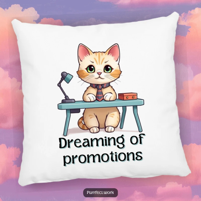 Funny pillow depicting a cat wearing a small tie, sitting at a miniature desk, adding a touch of professional feline humor to any room.