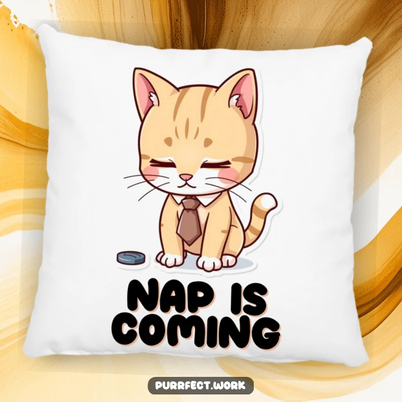 Funny pillow showcasing a cat in a tiny tie, looking diligently focused, providing comfortable support with a dash of professional humor.