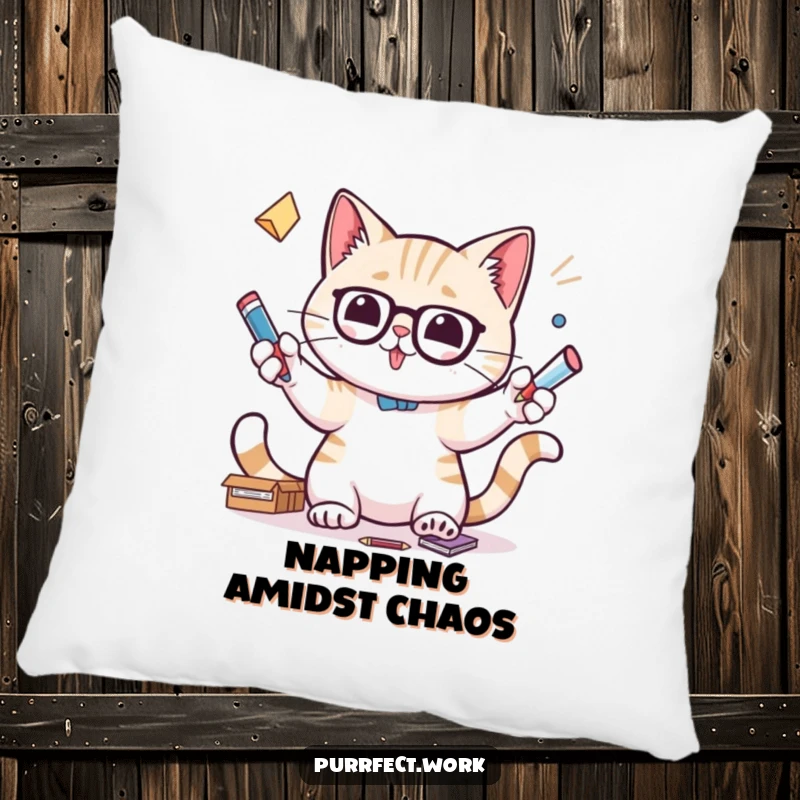 Funny pillow featuring a cat focused on juggling office supplies, symbolizing organized chaos and comfort.