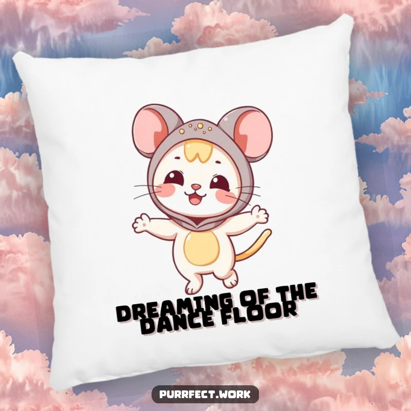 Funny Mouse Cat Pillow: A soft cushion featuring a cat in a mouse costume, dancing.