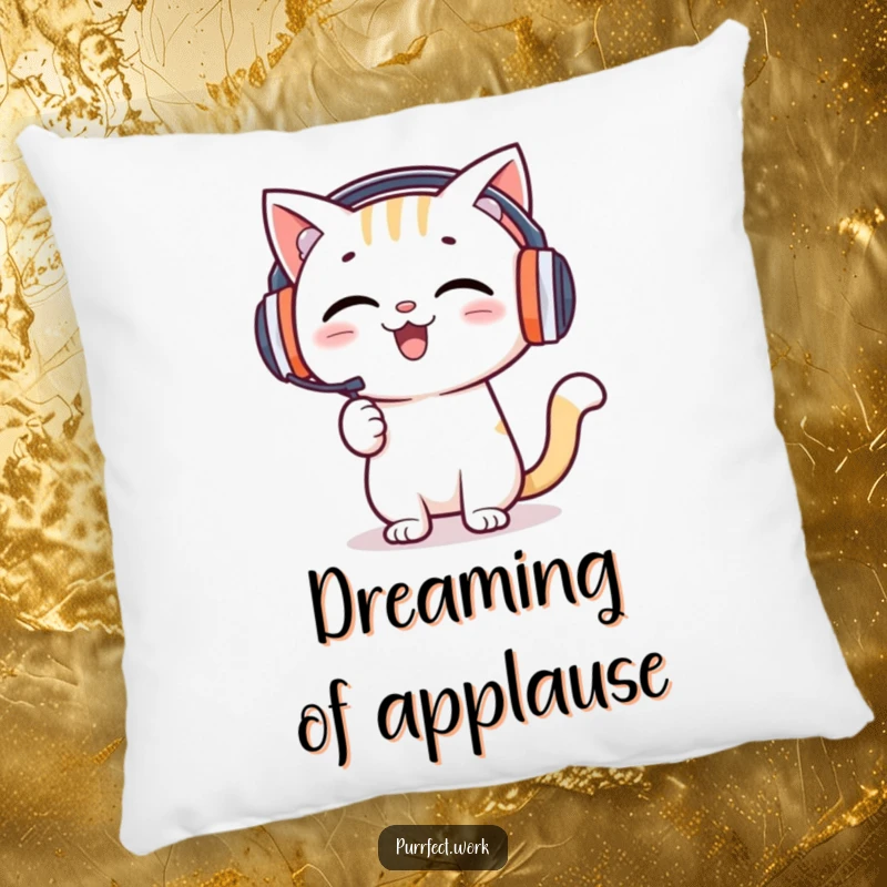 Funny pillow featuring a happy cat with headphones enthusiastically presenting, ideal for adding charm to sofas.