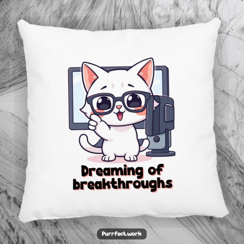 Funny pillow featuring a cat with glasses enthusiastically pointing at a computer screen, offering cozy insight.
