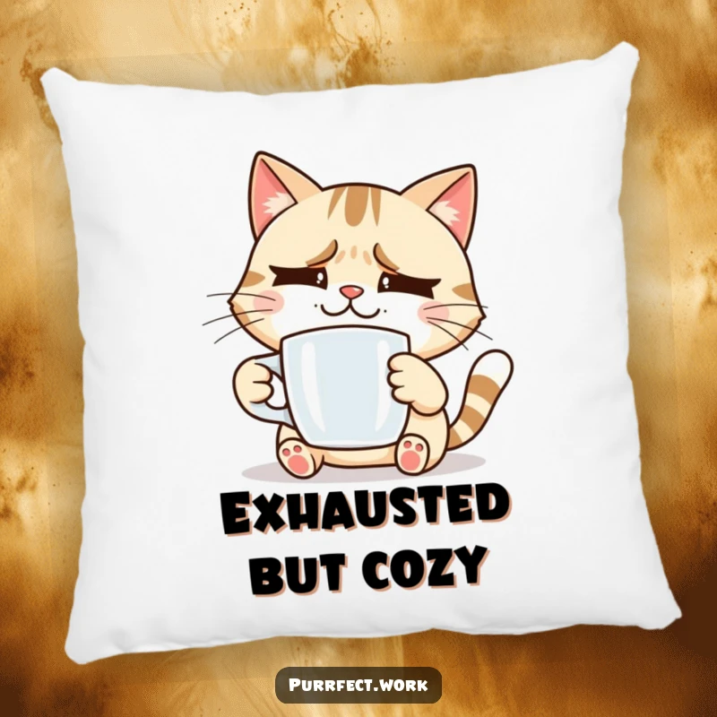 Funny smiling cat holding a coffee mug, looking slightly stressed, a soft and humorous pillow for a funny gift.