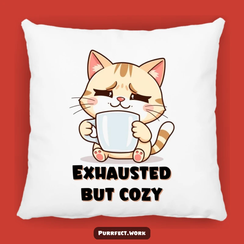 Funny Stressed Cat Pillow: Cozy Coffee Cushion, Hilarious Decor for Relaxation