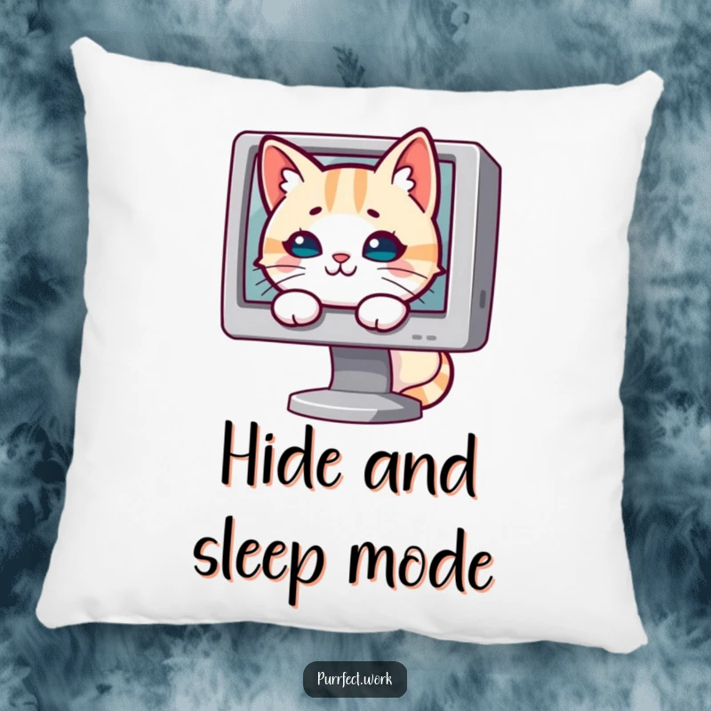 Funny cat pillow with a mischievous cat hiding behind a computer screen, perfect for adding humor to a couch.